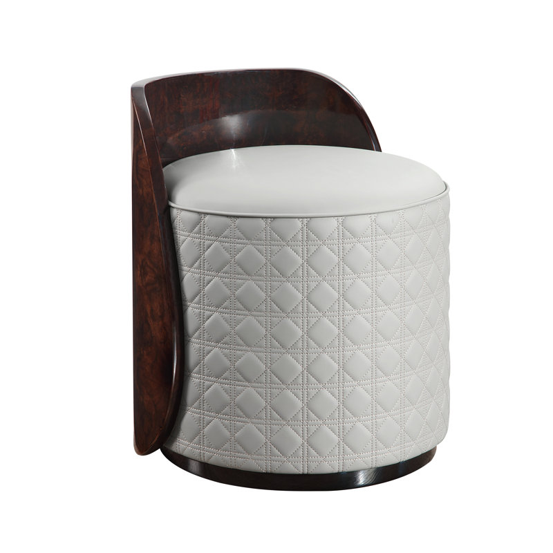 Tabouret de coiffeuse de luxe avec cuir synthétique gris matelassé et dossier en grain de bois sculpté