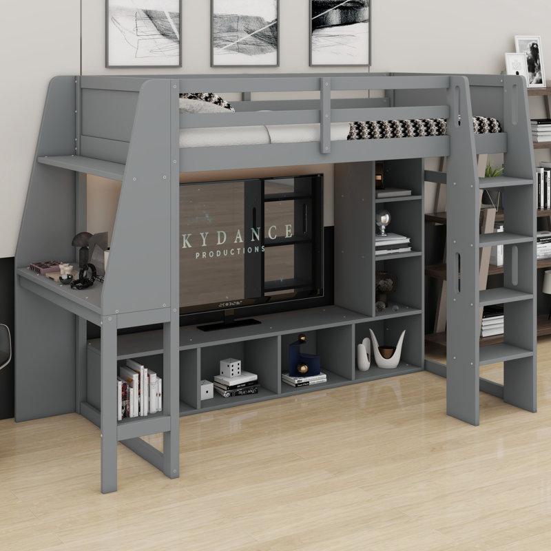 Lit mezzanine multifonctionnel en bois, équipé d'un bureau, de tablettes de rangement, d'un support à vêtements à DEL et à suspendre