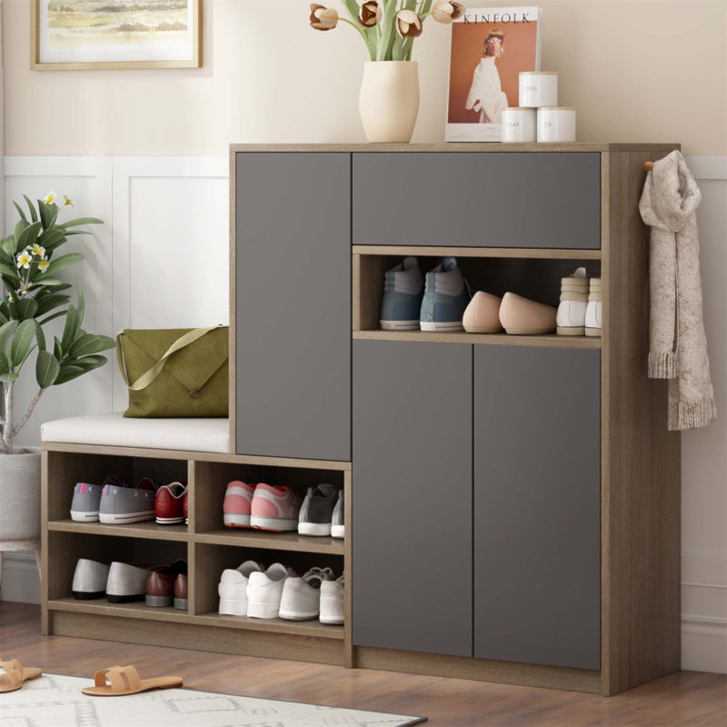 Banc et rangement pour chaussures 2 en 1, support multifonctionnel avec siège rembourré, solution de couloir polyvalente avec tablettes réglables