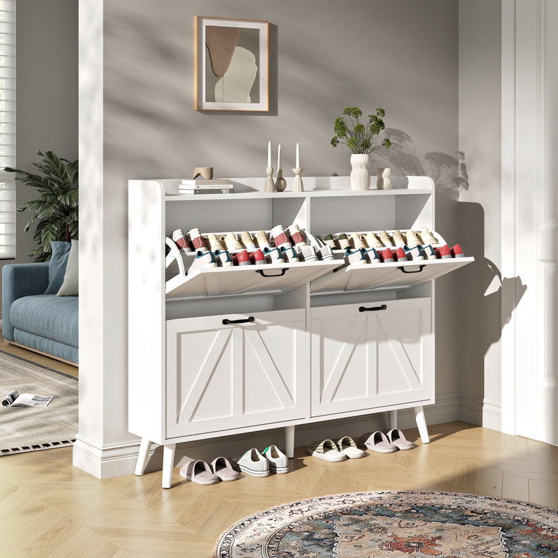 Farmhouse Shoe Cabinet with Drawer, Wood Entryway Shoe Storage for 20 Pairs, Hidden Organizer, White