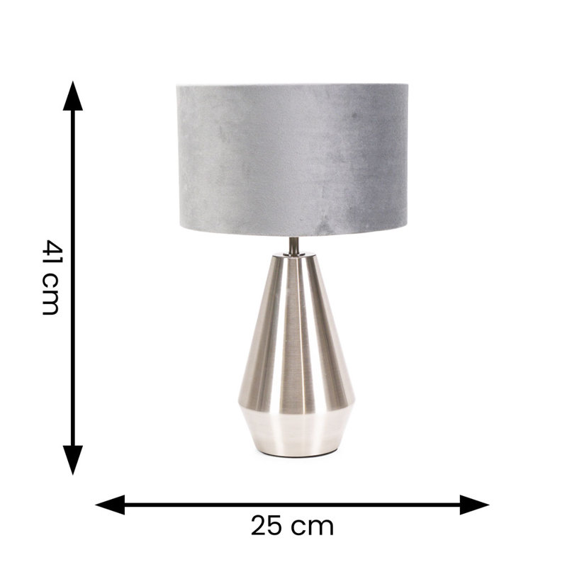 Jax Metal Dimmable Touch Table Lamp with Velvet Drum Shade with LED Bulb, Silver, Grey