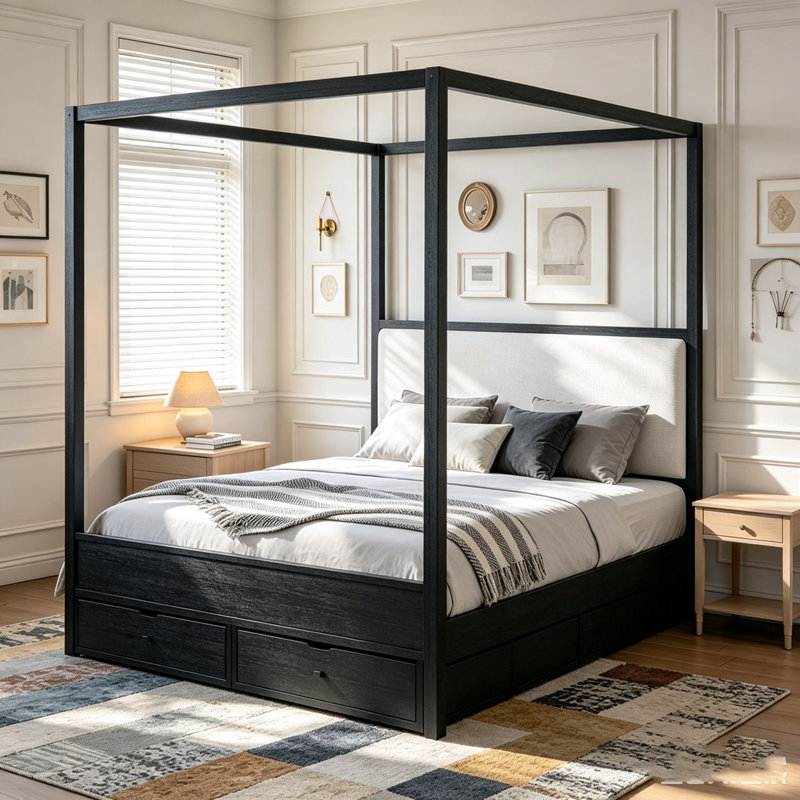 Lit plateforme à baldaquin en bois avec tête de lit tapissier, aucun sommier nécessaire, Queen, Noir