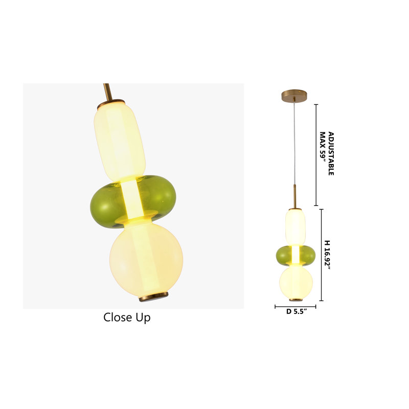 This Exquisite LED Pendant Is In A Gold Finish. The Frame Is Made Out Of Metal, And It Comes With A White And Green Glass Shade. The LED Bulb Is Integrated Into The Frame. The Adjustable Cord Link Makes This Fixture Suitable For Most Ceiling Heights.