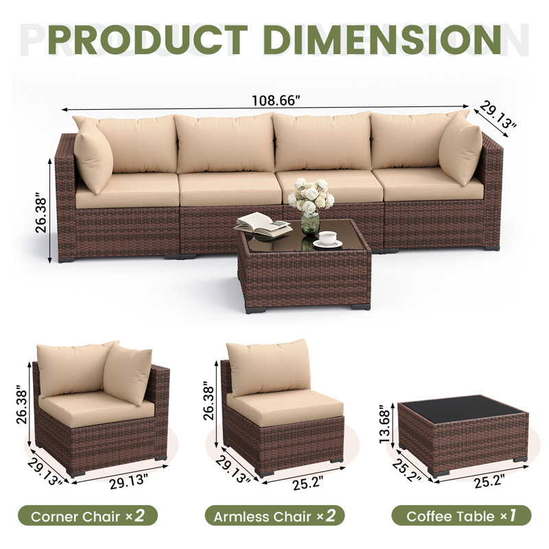 Ensemble de conversation de patio extérieur en osier 5 pièces avec coussins, Beige