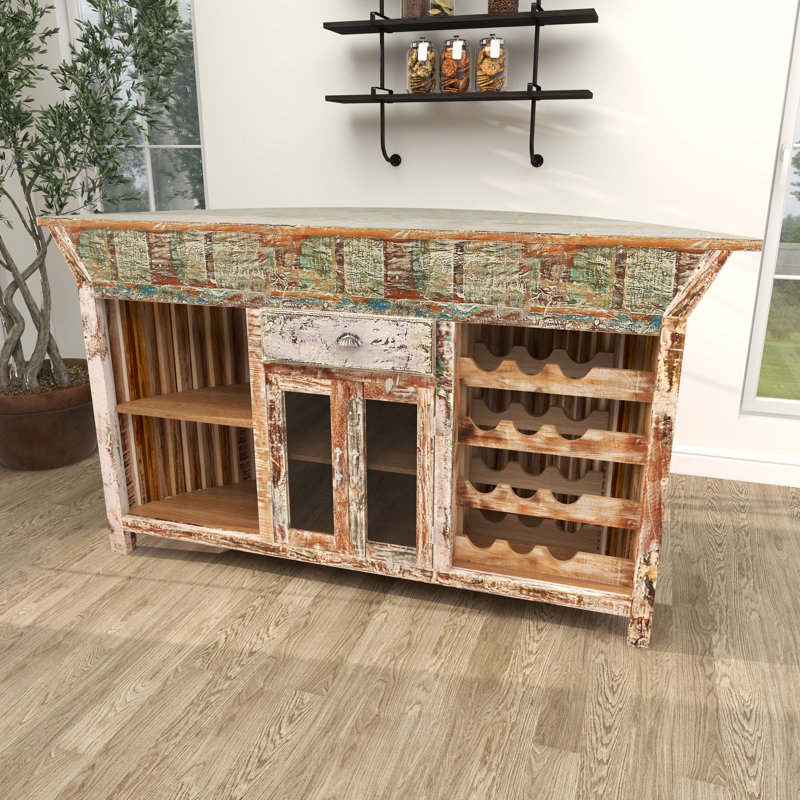 Bar en bois recyclé avec 2 portes, 3 tablettes et 1 tiroir avec porte-bouteilles Binnings
