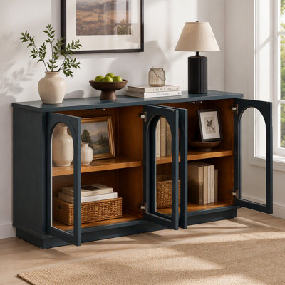 4-Door Storage Buffet Cabinet with Glass Doors, Arched Design, Adjustable Shelves, Navy, for Kitchen, Dining Room, Living Room