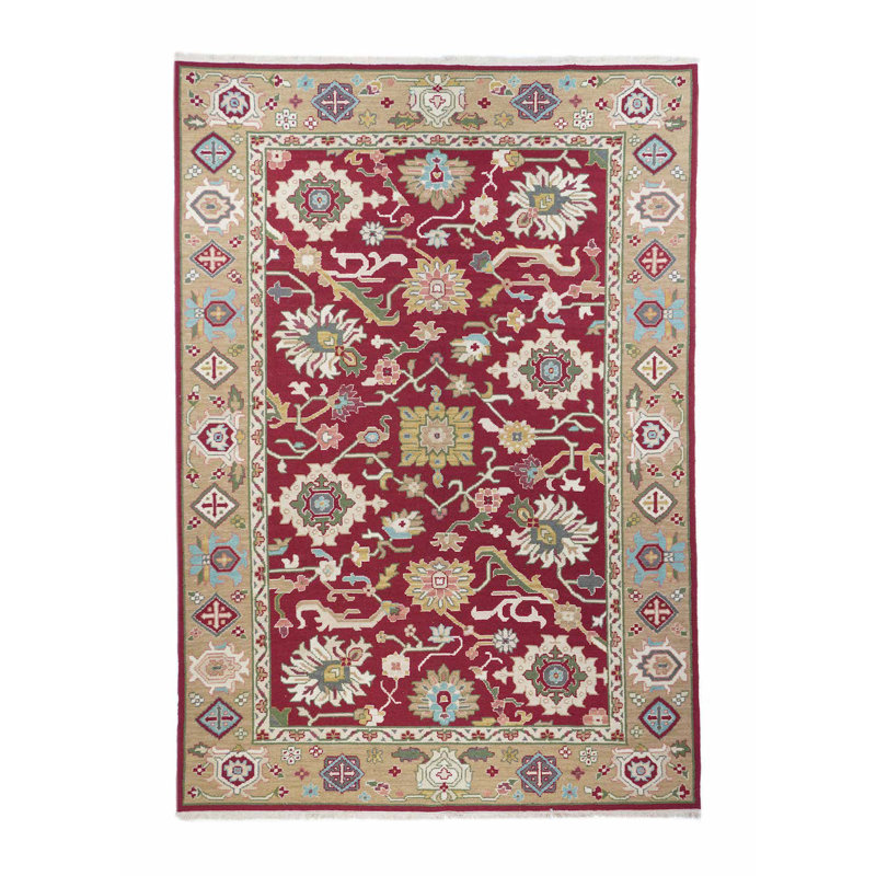 Tapis rouge / gris en laine noué à la main de conception unique 6 pi x 9 pi