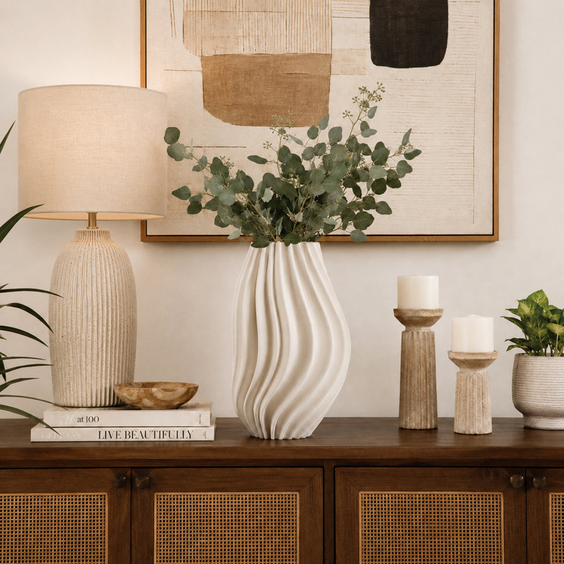 Decorative Porcelain Flower Vase Accent for Home Decor - Sculptural Tall Table Vase for Living Room, Shelf, and Entryway Styling - 16", Ivory