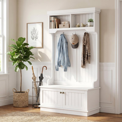 64.4'' H 4-in-1 Garage Storage Hall Tree with Shoe Bench, Coat Hooks, Cabinet and Display Shelves, Ivory White