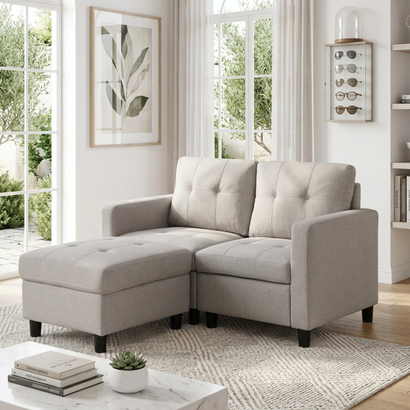 Kentrell 54"W Upholstered Loveseat with Ottoman, Light Gray Linen