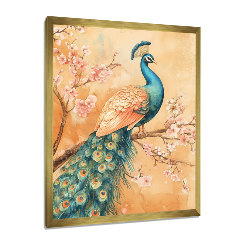 Paon parmi les cerisiers en fleurs III - Tableau encadré d'inspiration asiatique, H 32 po x l 16 po, Gold Picture Framed