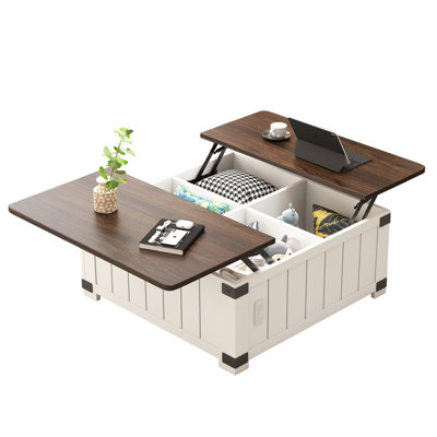 Farmhouse Lift Top Coffee Table With Storage, Wood Square Center Table With Charging Station&USB Ports, Living Room Central Table 4 Grids Large Hidden Space