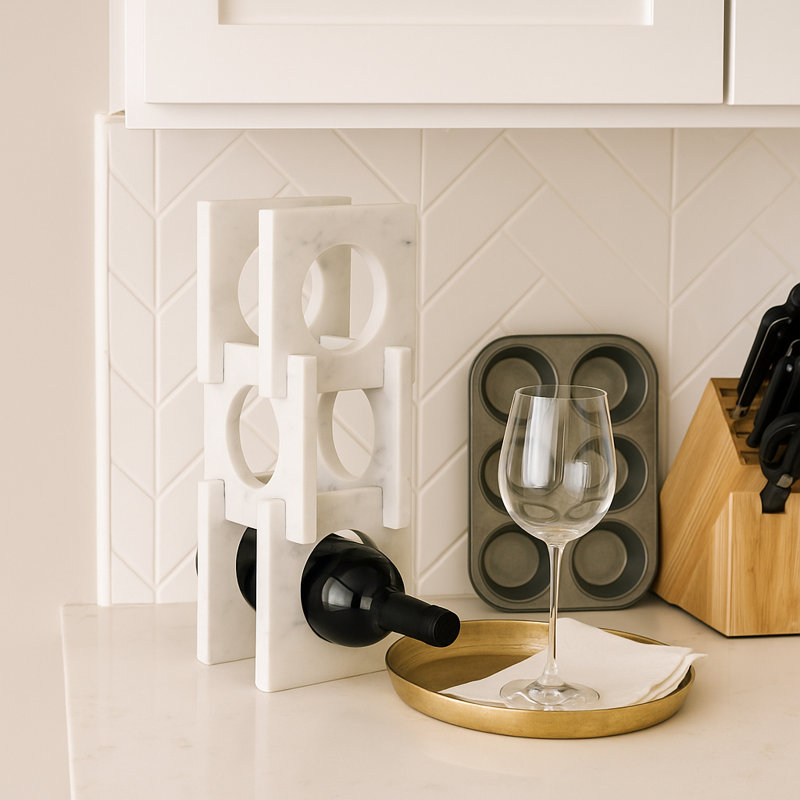 Porte-bouteilles moderne en marbre pour décoration intérieure - Porte-bouteilles décoratif pour chariot de bar, salle à manger ou comptoir de cuisine - 16 po, blanc