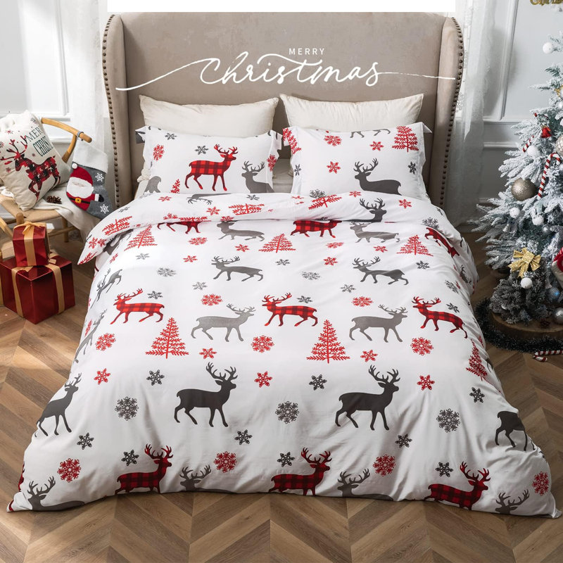 Ensemble de housse de couette de Noël imprimé flocon de neige renne, Housse de couette simple + 1 taie décorative stan