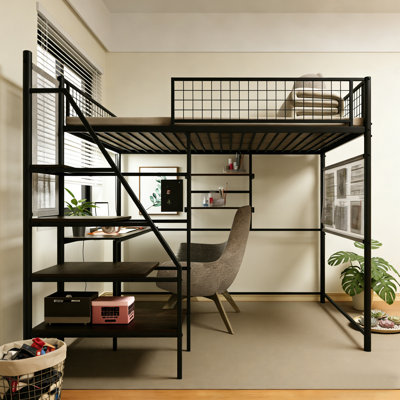 Full-Size Metal Loft Bed With Desk, Led Lights & Charging Station