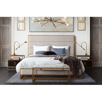 Empire Queen Bed In Sand Fabric With Hand Brushed Gold Metal Frame