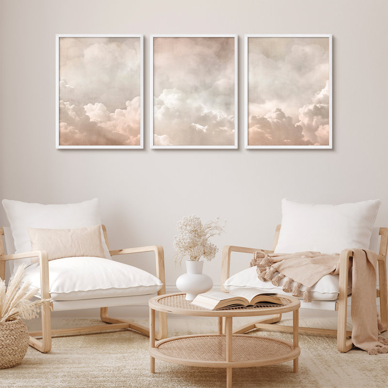 Ensemble d'art mural encadré en nuage 3 pièces - Warm Beige Misty Sky, H 10 po x l 8 po, Blanc