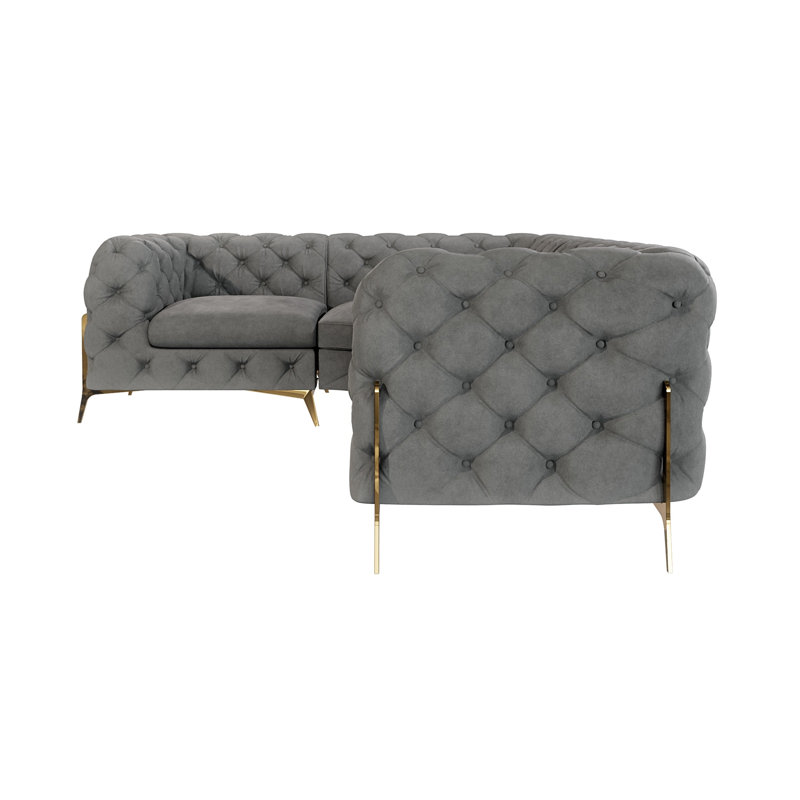 Chesterfield Corner Sofa L-Shape  with Gold Metal Legs, Grey, Right Hand Facing