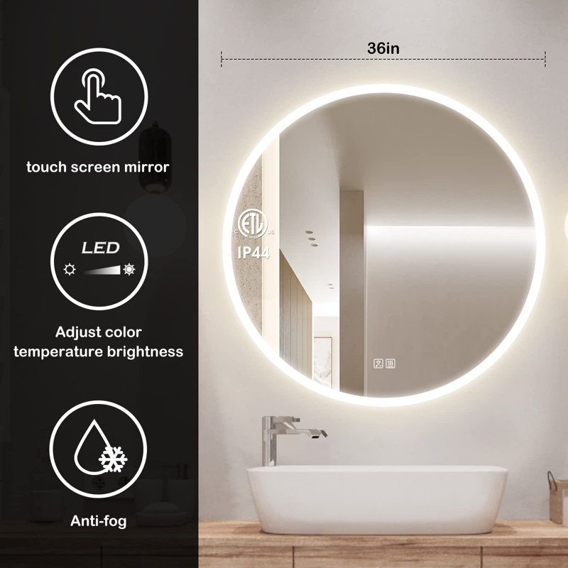 Miroir de salle de bain rond Naliyah, 36 po x 36 po