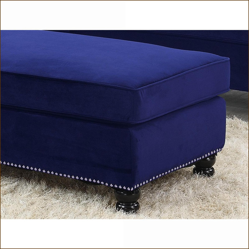 Repose-pieds, cocktail XL en velours bleu indigo avec garniture cloutée chromée | Pieds en bois brun noyer
