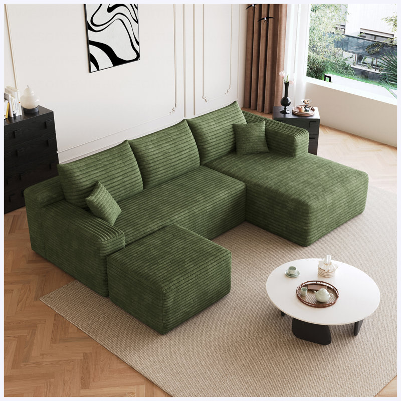 Canapé modulaire en velours côtelé vert 95 po avec 1 repose-pieds, canapé en forme de U moderne, aucun assemblage requis