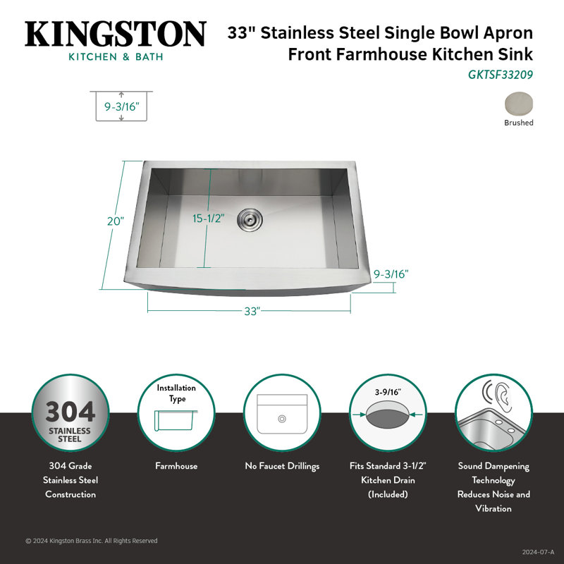 Kingston Brass Uptowne 33-Inch Stainless Steel Apron-Front Single Bowl Farmhouse Kitchen Sink