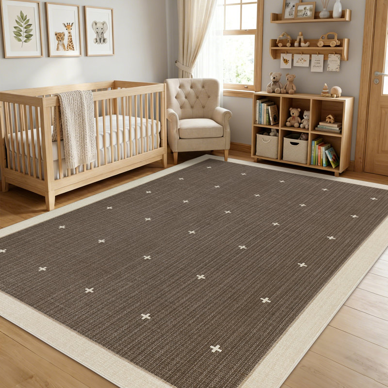 Modern Geometric Runner Rug – Bordered Jute Carpet for Hallway, Entryway, Kitchen, Bathroom, Office – Non-Slip, Low Pile, Machine Washable – Cross Dot Motifs, Tan, 2x6ft