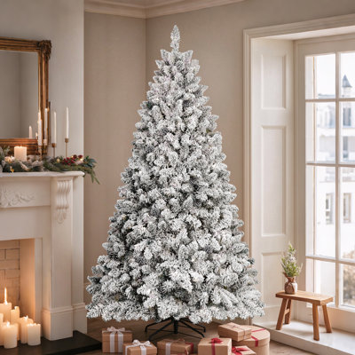  Arbre de Noël artificiel enneigé avec branches en PVC, pommes de pin et base en métal pliable