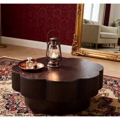 Modern Flower Shaped Coffee Table with Storage, Plum Blossom Design in Natural Wood Veneer for Living Room and Office, Easy Assembly, Dark Brown