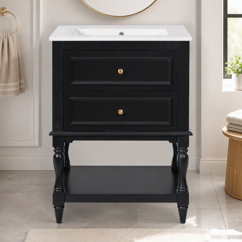 Meuble-lavabo 24 po avec lavabo en céramique, armoire de rangement pour salle de bain avec tablette ouverte, armoire de salle de bain rétro avec 2 tiroirs