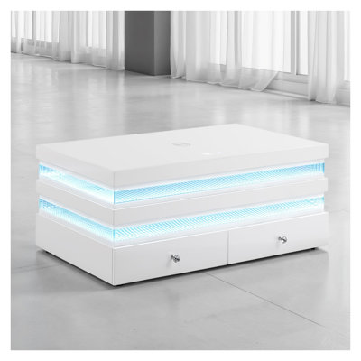 Table basse rectangulaire blanche contemporaine avec éclairage DEL, chargement sans fil, haut-parleur Bluetooth et tiroirs à queue d'aronde française