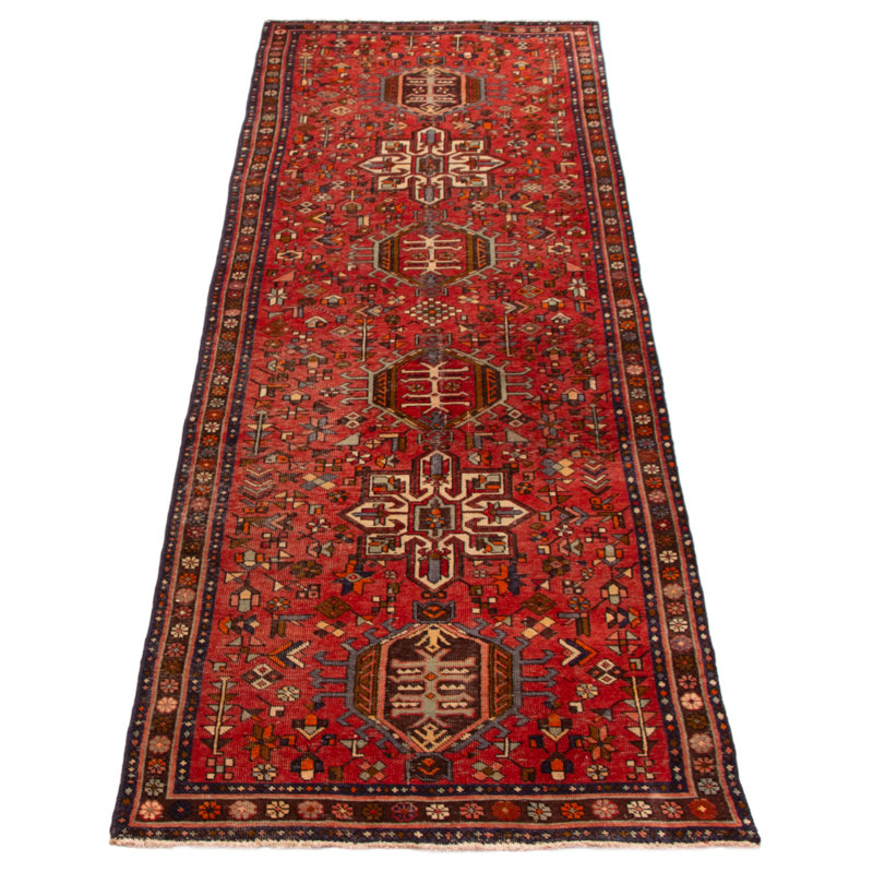 Tapis rouge en laine noué à la main 3 pi 4 po x 11 pi 3 po Konya Anatolian