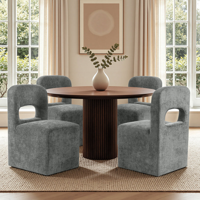 Chaises de salle à manger Clifford Parsons modernes en bois massif, revêtues de chenille grise et dotées de roulettes (ensemble de 4)