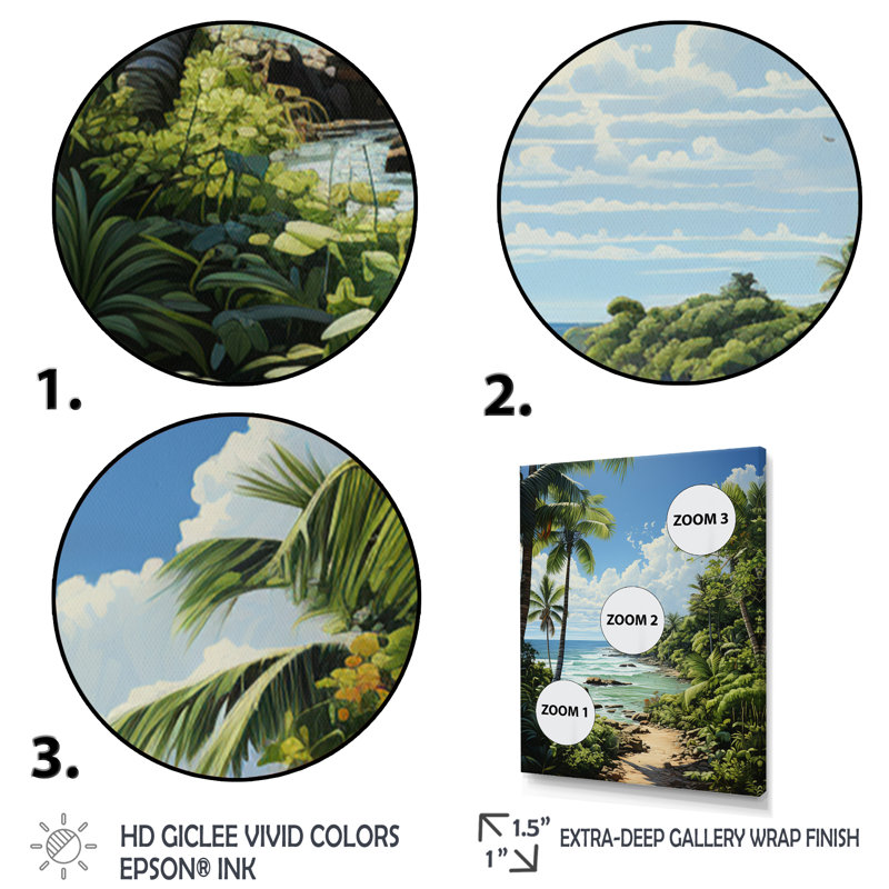 «Barok Palm Trees At The Beach III», reproduction d'art sur toile, H 44 po x l 34 po x P 1,5 po, Cadre photo argenté