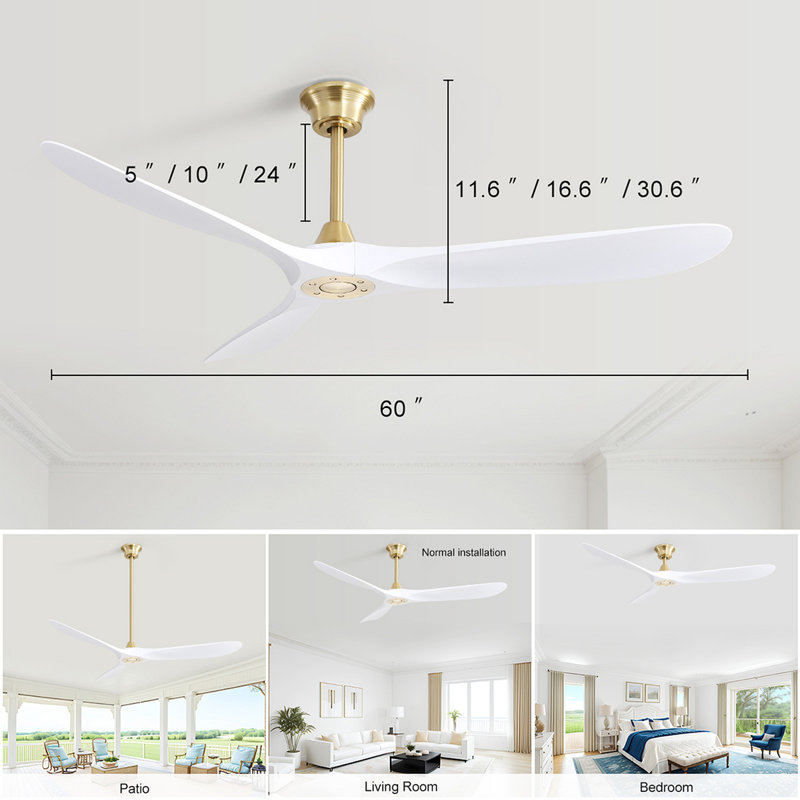 Ventilateur de plafond intelligent moderne en ABS de 60 pouces avec moteur à courant continu réversible à télécommande 6 vitesses pour chambre à coucher
