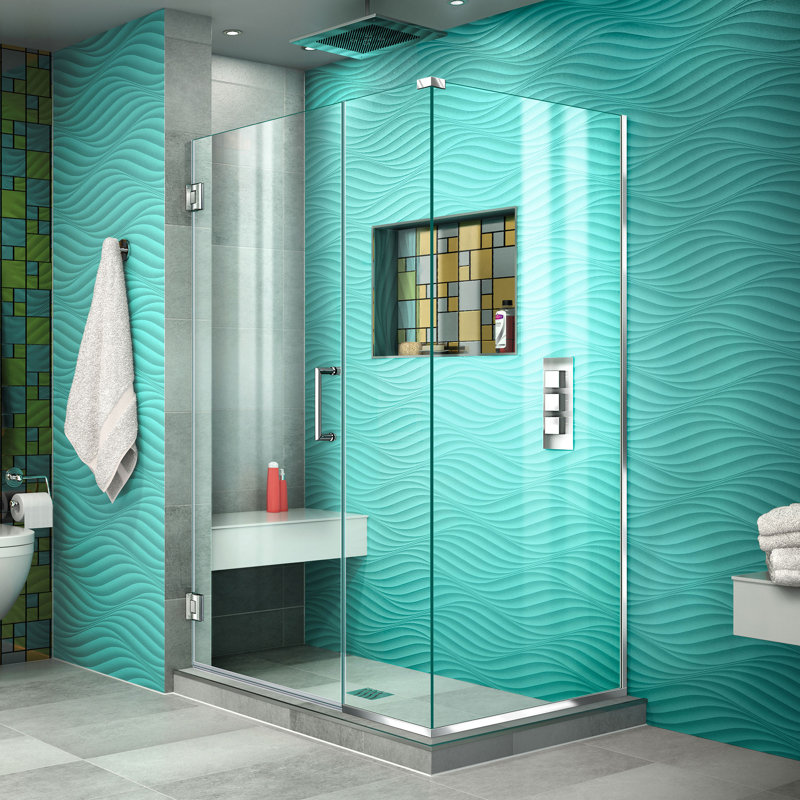 Unidoor Plus 40.5" W x 34.375" D x 72" H Frameless Pivot Rectangle Shower Enclosure with Fixed Panel, Matte Black