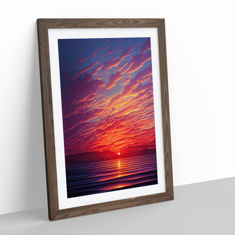 Vibrant Ocean Sunset - Wall Art, 36cm H x 27cm W, Walnut Framed Paper, White