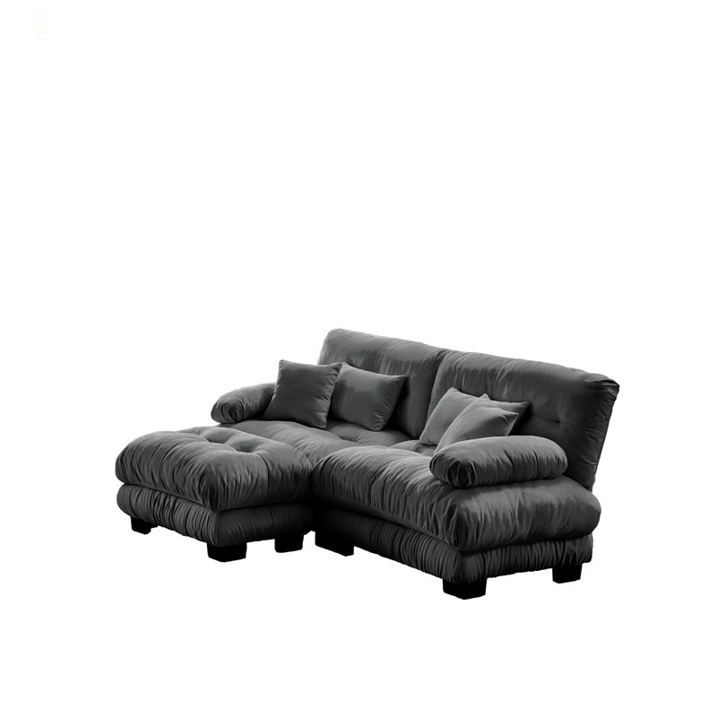 Cloud Couch Sectional Sofa For Living Room, Chenille 2 Seater Sofa With 2 Lumbar Pillows And 2 Throw Pillows , Upholstered Wide Arm Sofa With Convertible Ottoman,Chenille Gray