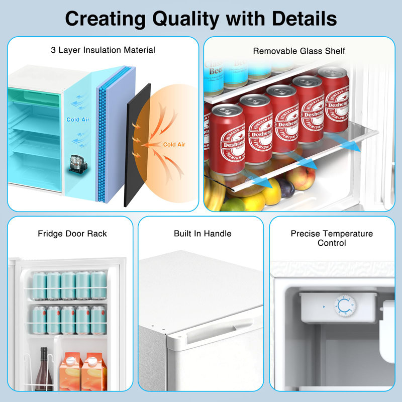 4.5 Cu.ft White Dorm Fridge With Freezer: Single Reversible Door, Adjustable Thermostat, Ultra Quiet & Energy Efficient For Bedroom/Office