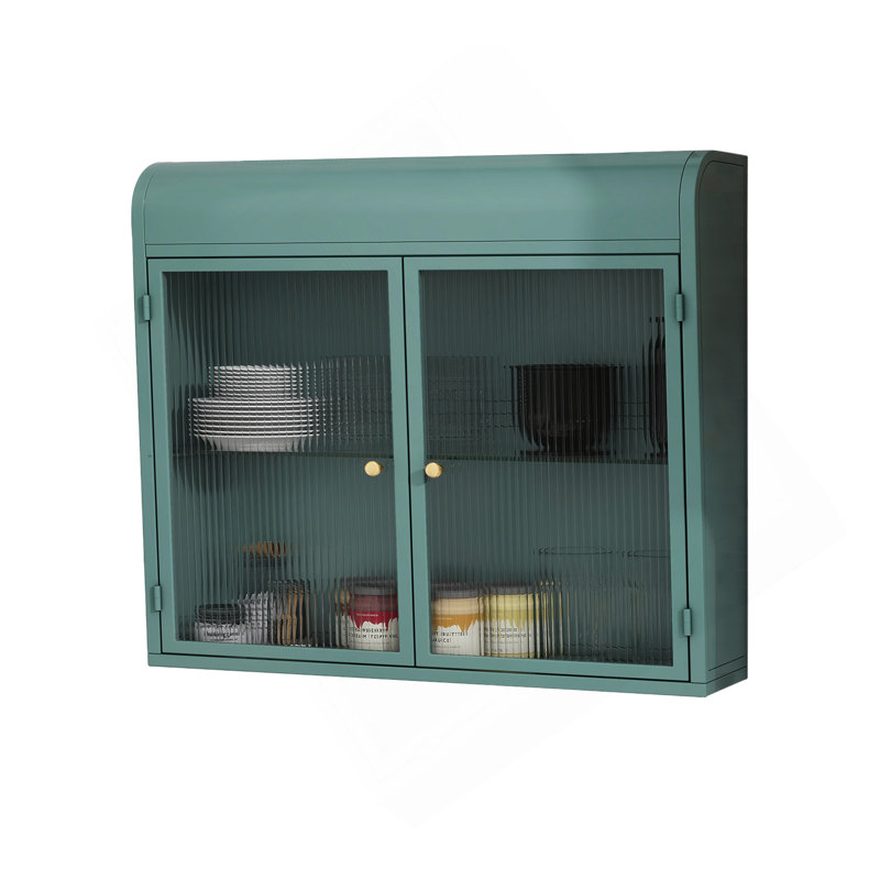 Army Green 2-Door Wall-Mounted Metal Storage Cabinet With Tempered Glass Doors & Shelves For Bathroom, Kitchen, Living Room & Office