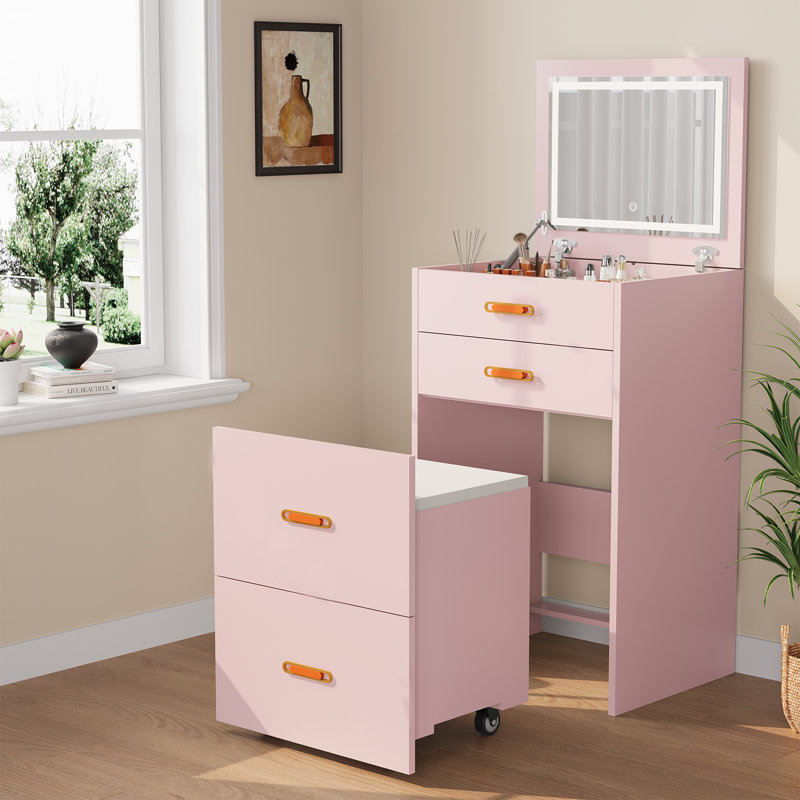 3-in-1 Compact Makeup Vanity Desk with LED Mirror – 3 Adjustable Color Modes – Rolling Storage Chair – Space-Saving Table Set for Girls' Bedroom, Apartment, Dorm – Color: Pink