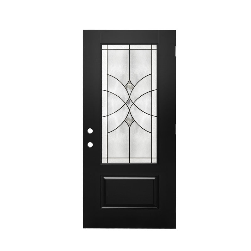 Porte d'entrée contemporaine en fibre de verre 36 po x 80 po avec verre décoratif, ouverture à droite, noir, plaque seulement