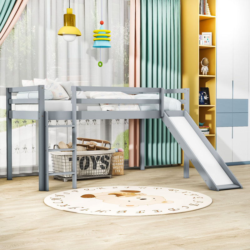 Kenara Twin Low Loft Bed With Slide And Ladder,Safety Guardrails, Gray