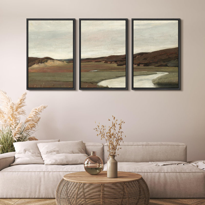 "Tons de terre subtils, paysage de campagne, nature sauvage, illustration, décor, terre panoramique", 3 pièces sur toile