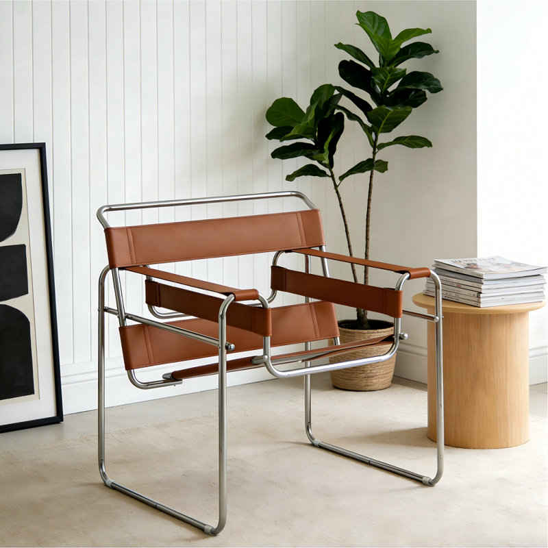 Danta Saddle Leather and Artificial Leather Accent Chair with Stainless Steel Frame, Amber Saddle Leather