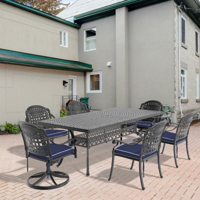 Ensemble de salle à manger 7 pièces en fonte d'aluminium toutes saisons comprenant 2 chaises pivotantes, 6 chaises et une table rectangulaire avec cadre noir