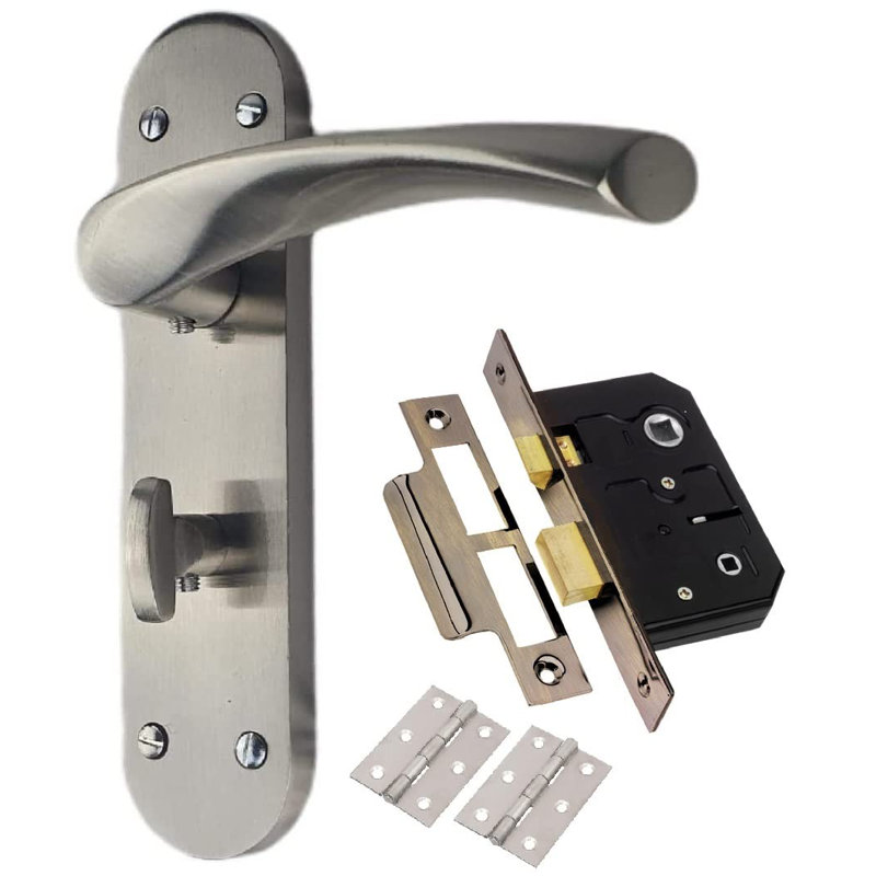 Astrid Bathroom Door Handles on Backplate in Satin Stainless Steel Finish with Bathroom Mortise Lock & 1 Pair of 3" Hinges - 182mm x 45mm