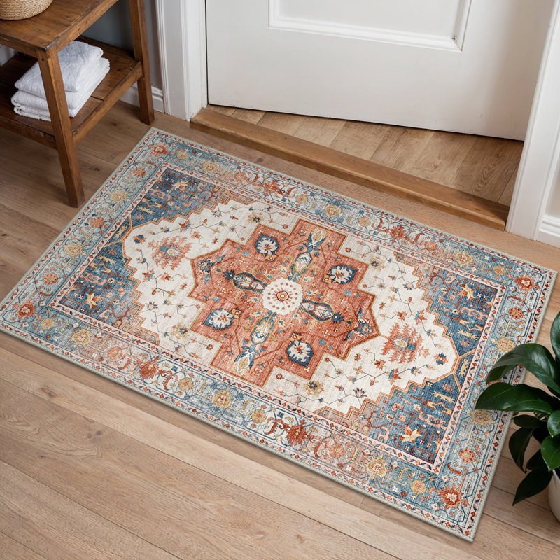 Area Rug, Rectangle 60 x 90 cm, Orange/Blue/Beige