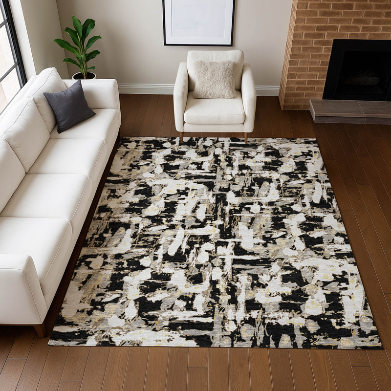 Tapis abstrait lavable à la machine intérieur / extérieur ACN2678, Noir, 5 pi x 7 pi 6 po