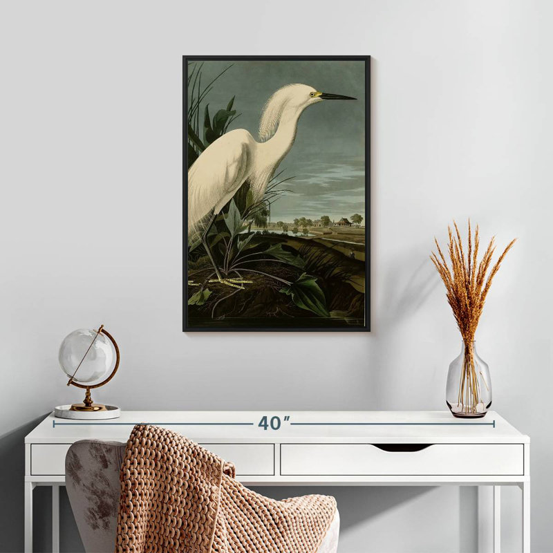 Héron enneigé ou aigrette blanche, Cadre flottant noir, 17 po x 25 po